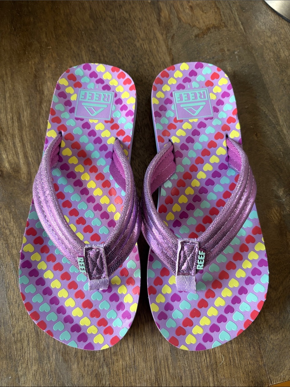 Reef Kids' Lavender Flip Flops with Multicolor Heart Print